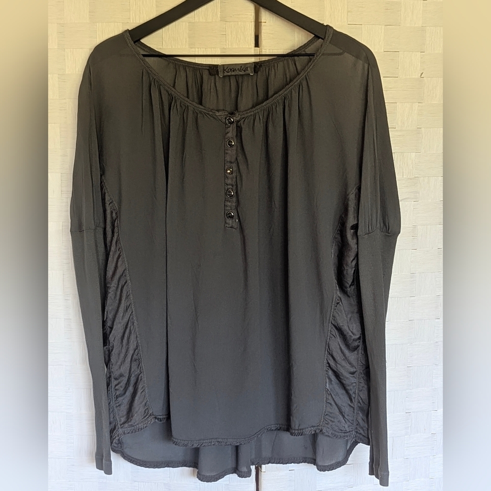 Kosmika Women's Gray Top Sheer Shirt Button Detail SMALL